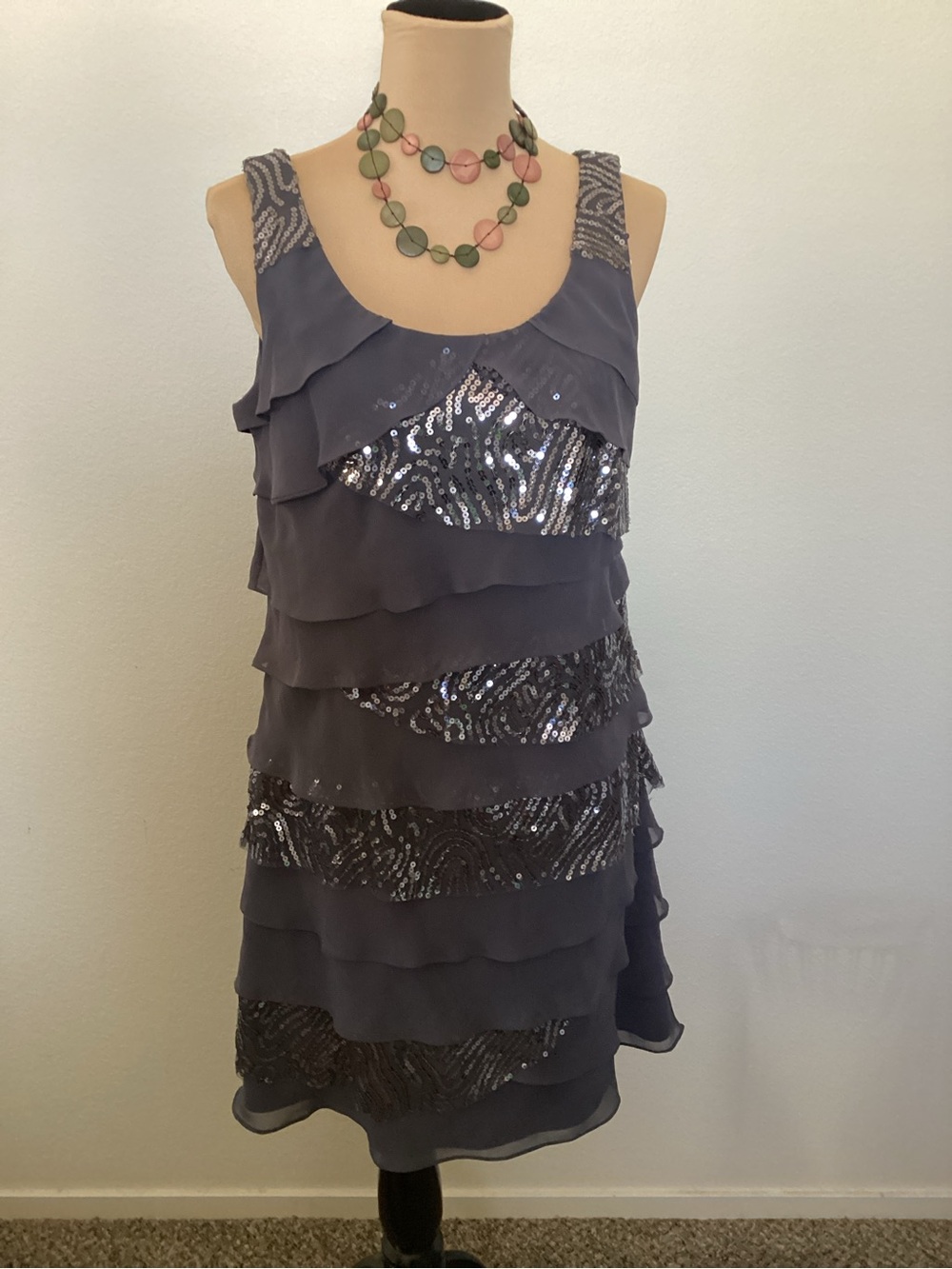 S.L. Fashions Gray Tiered Sequin Midi Dress with Scoop Neck